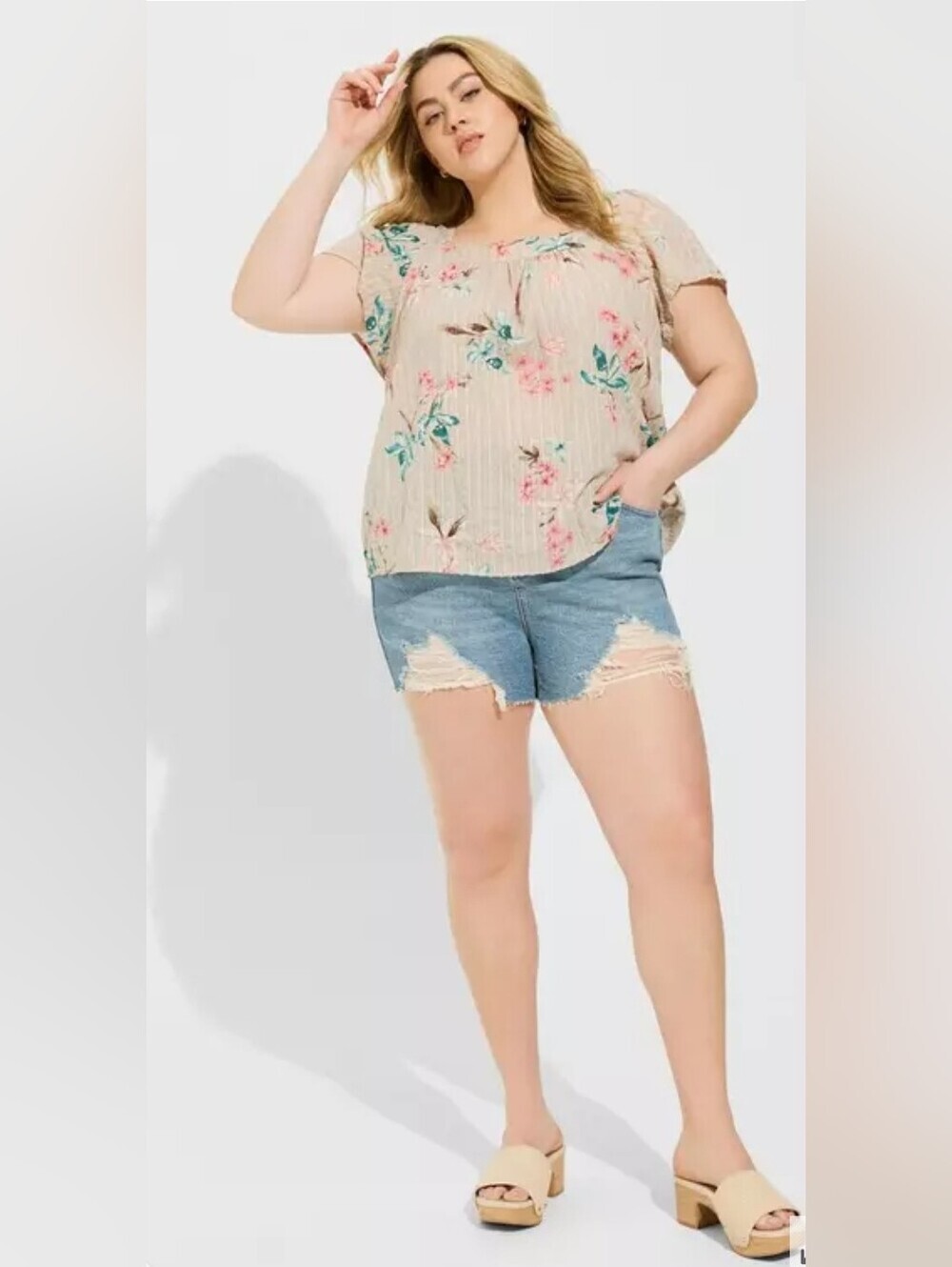 Torrid Women's Floral Square-Neck Blouse - Pink/Tan Size 1 (1X)
